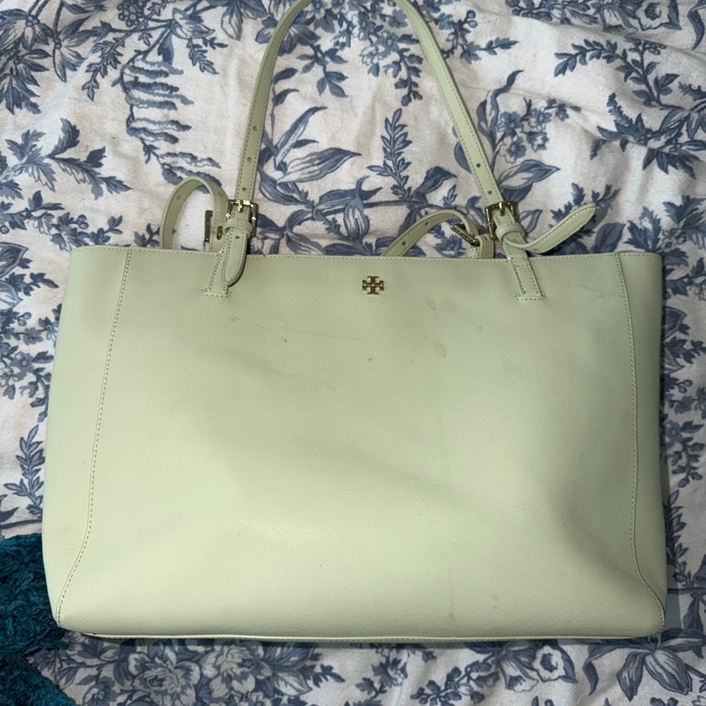 Tory Burch Mint Green Saffiano Leather Tote with Gold Logo